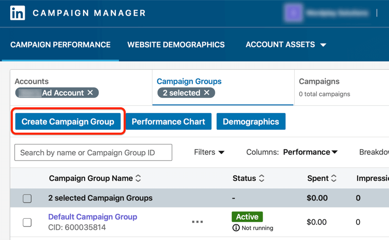 linkedin kampanjesjefens instrumentpanel med knappen Opprett kampanjegruppe uthevet