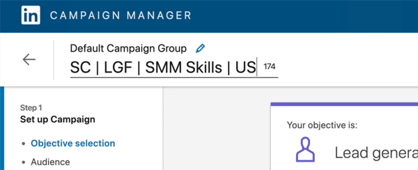 skjermbilde av LinkedIn-kampanjenavnet redigert for å si 'SC | LGF | SMM-ferdigheter | OSS'