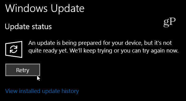 Windows 10 Build 16288 Prøv på nytt melding