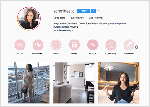 Amy Landinos Instagram-profil bruker håndtaket schmittastic. Instagram-profilen hennes viser høydepunktkategorier for AmyTV, Picmonkey, Travel, Dates, Health, Columbus og Speaking. Bildene viser bilder av Amy.