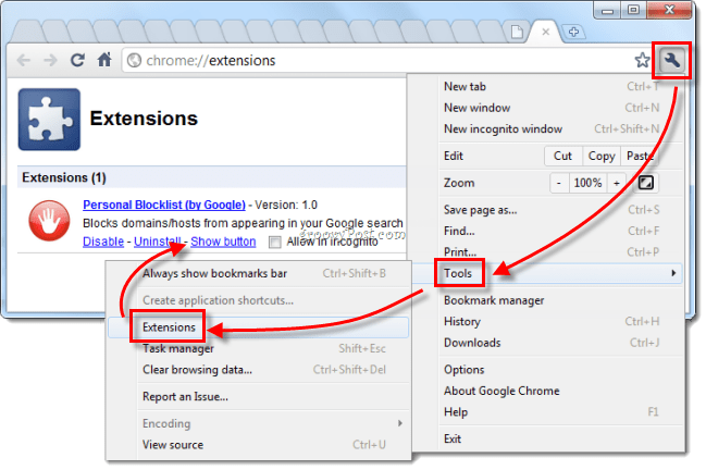 Google Chrome administrere utvidelser returnerer rød knapp