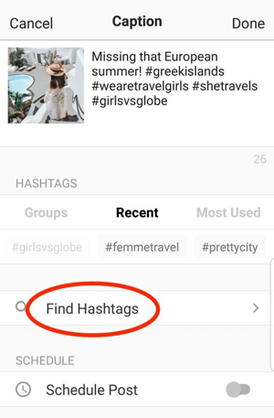 Preview-appen hjelper deg med å finne relevante hashtags å legge til i innlegget ditt.