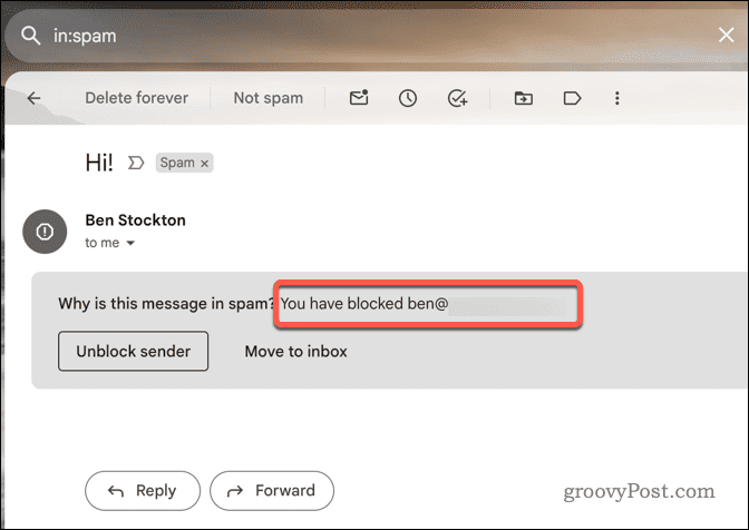 Eksempel på en blokkert e-post i Gmail