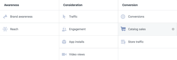 Bruk Facebook Event Setup Tool, trinn 26, menyalternativ for å velge katalogsalg som Facebook-kampanjemål