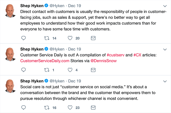 Dette er et skjermbilde av tre tweets Shep Hyken laget om kundeservice.