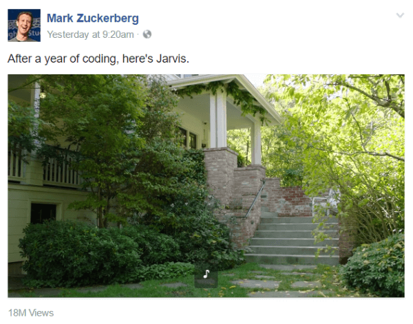 I en serie videoinnlegg på sin offentlige side debuterte Mark Zuckerberg Jarvis, et nytt personlig AI-system ved hjelp av Facebook-verktøy, naturlige språkanvisninger og ansiktsgjenkjenning.