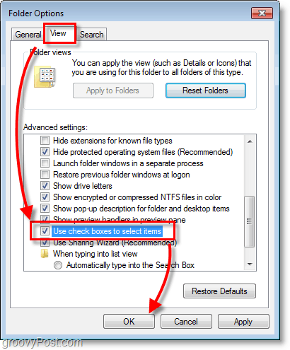 Skjermbilde av Windows 7 - mappealternativer vise og avmerkingsbokser for å velge elementer