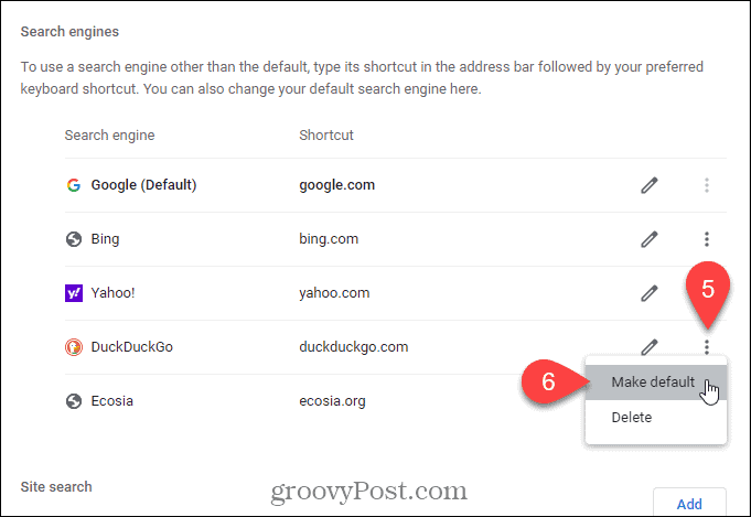 Velg Gjør standard for søkemotoren du vil skal være standard på siden Ny fane i Chrome