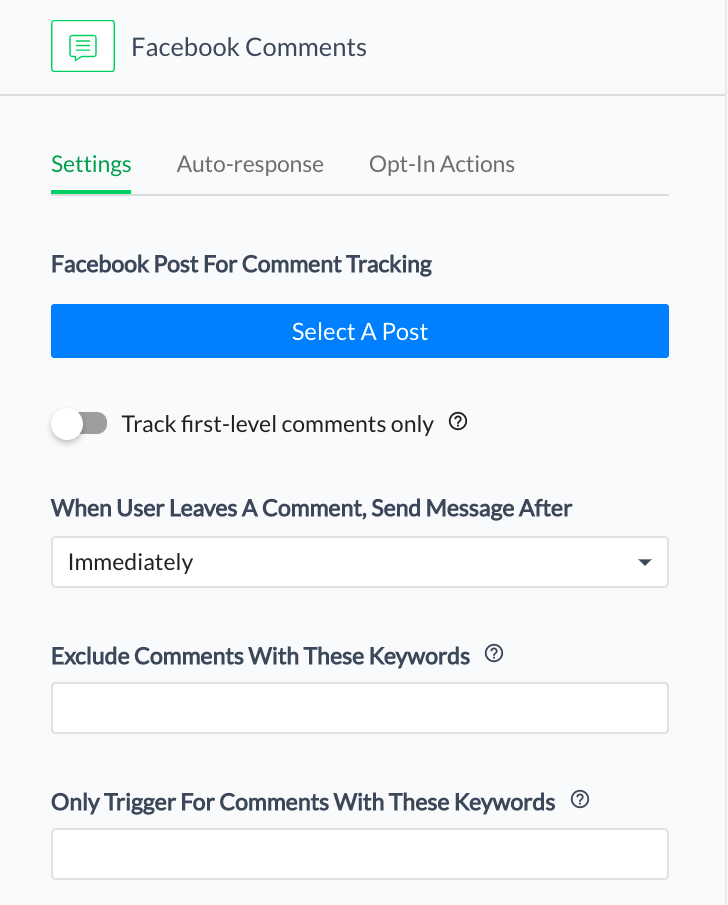 Velg Facebook-innlegget ditt og skriv inn nøkkelordet som brukerne vil skrive inn kommentarene for å utløse boten.