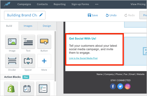 Constant Contact lar deg inkludere lenker til de viktigste sosiale mediekampanjer.