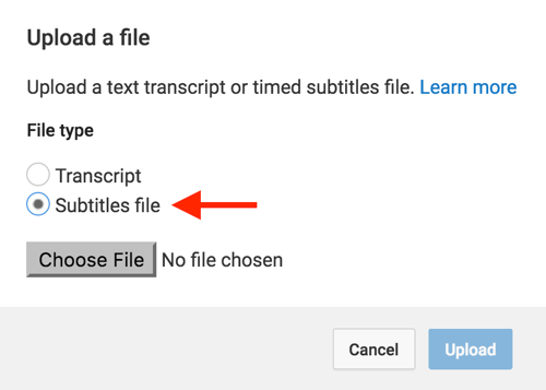 Velg Subtitles File, og naviger deretter til SRT-filen du opprettet for YouTube-videoen din.