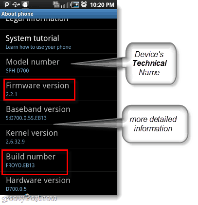 android firmware og build nummer, modell nummer også