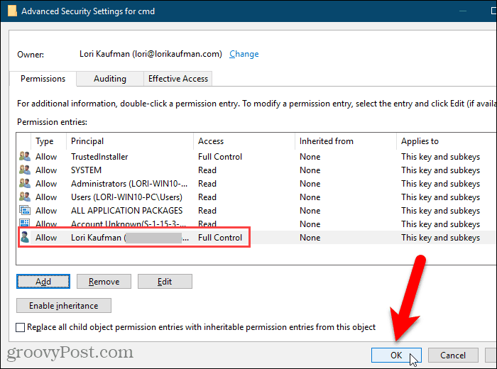 Lukk dialogboksen Avanserte sikkerhetsinnstillinger i Windows-registeret