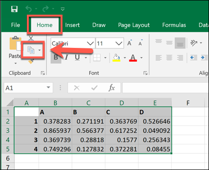 Kopierer valgte data i Microsoft Excel