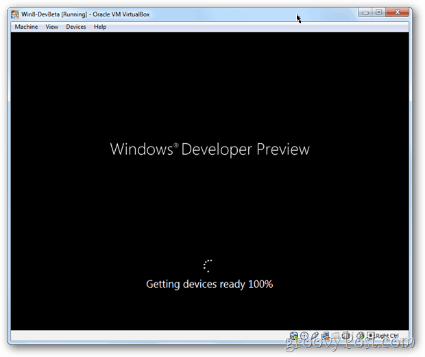 VirtualBox Windows 8 oppstartsskjerm etter installasjon