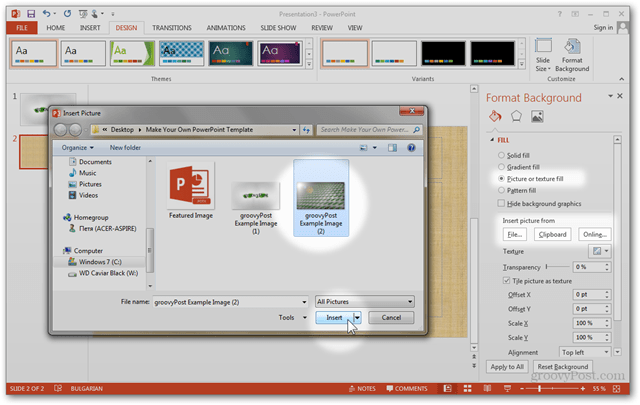 Office 2013 mal Lag Lag tilpasset design POTX Tilpass lysbildefremvisning Opplæring Hvordan formatere bakgrunn Tilpasset bilde Bildeimport