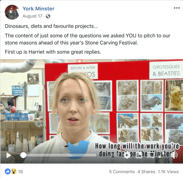 Eksempel på Facebook-innlegg som støtter en AMA fra York Minster.