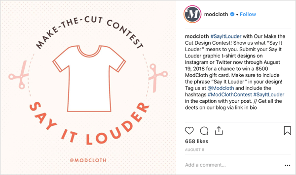 ModCloth ba Instagram-brukere om å dele sine egne design i originale innlegg og tilbød et sjenerøst insentiv (i forhold til oppdraget): sjansen til å vinne et gavekort på $ 500.