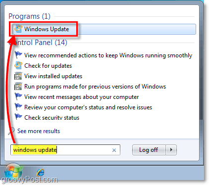Start Windows 7 Windows Update: Skjermbilde