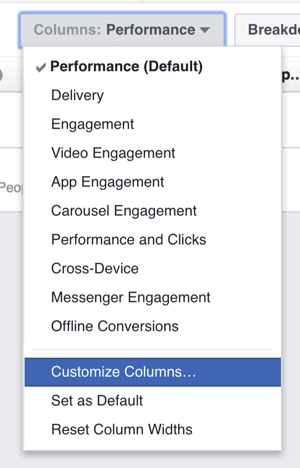 Du kan tilpasse kolonnene som vises i tabellen for Facebook-annonseresultater.