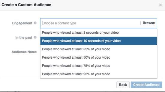 Begrens ditt tilpassede Facebook-publikum etter prosentandel av videoen du har sett på.