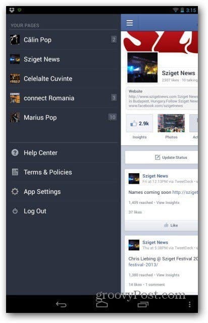 Facebook-sider for Android velger side