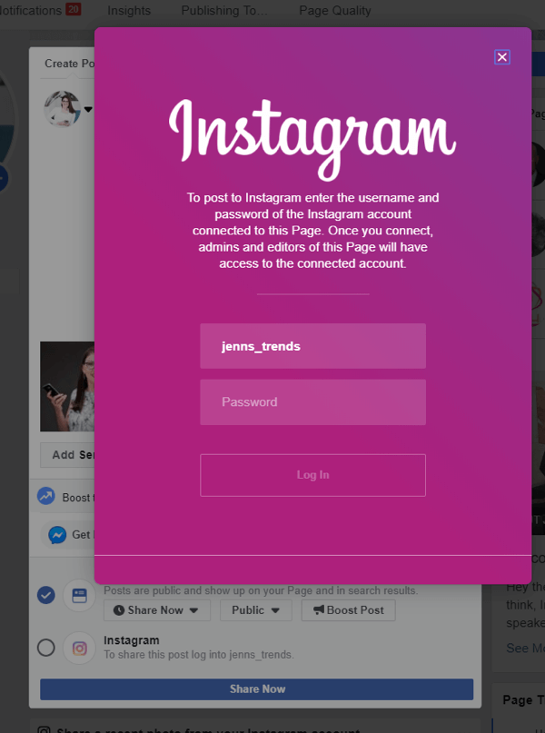 Hvordan krysse innlegg til Instagram fra Facebook på skrivebordet, trinn 4, logg inn på Instagram