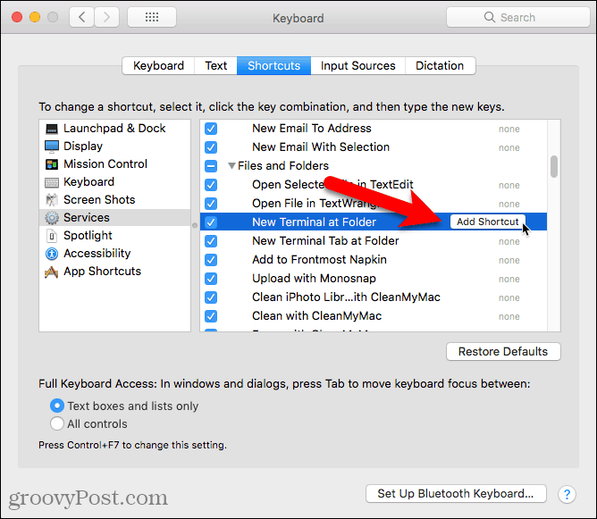 Klikk på Legg til snarvei for den nye terminalen på mappetjenesten på en Mac