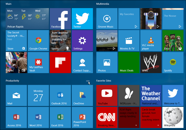 Windows 10 flisegrupper starter menyen stor