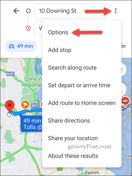 Åpne alternativer for veibeskrivelser i Google Maps