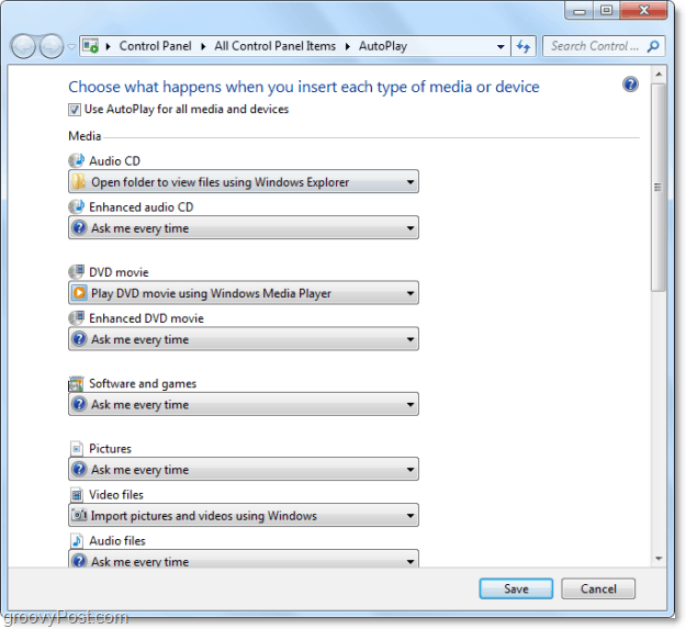 Spar tid ved å tilpasse Windows 7 Autoplay-handlinger