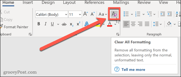 Word Fjern all formateringsknapp