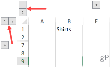 Grupperte kolonner og rader Nummerknapper i Excel på Windows