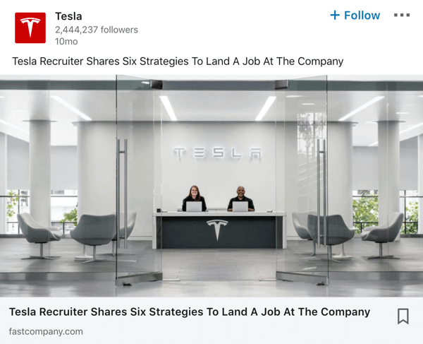 Eksempel på Tesla LinkedIn-selskapsside.