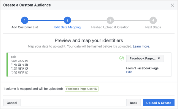 Når du importerer Messenger-bot-abonnentlisten din for å opprette et tilpasset publikum, tilordner Facebook sitt Facebook-bruker-ID-nummer, som er knyttet til profilen deres.