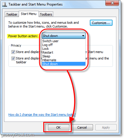 endre handlingen til startmenyens strømknapp i Windows 7