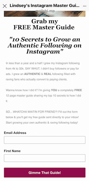 eksempel på destinasjonsside for blymagnet promotert i Instagram-historien