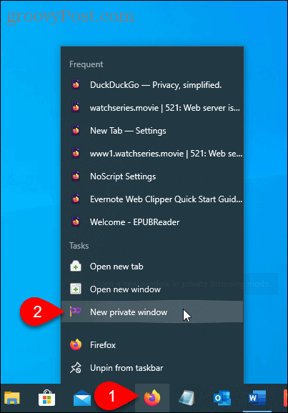 Velg Nytt privat vindu på Firefox på oppgavelinjen