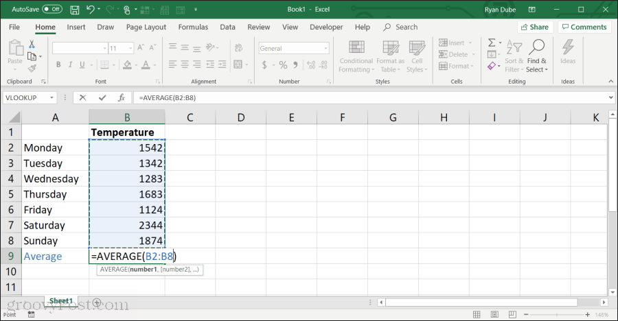 bruker gjennomsnittsfunksjon i Excel