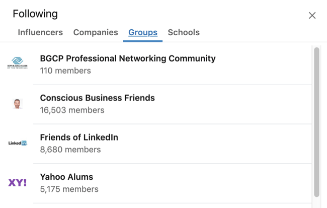 LinkedIn-profil utvidet interesse-boksen med gruppe-fanen valgt