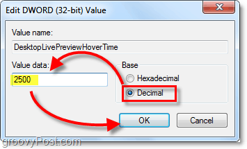 juster dword-egenskapene til desimal- og verdidata til 2500 for windows 7 DesktopLivePreviewHoverTime