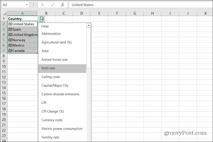 velge landgeografidata i Excel