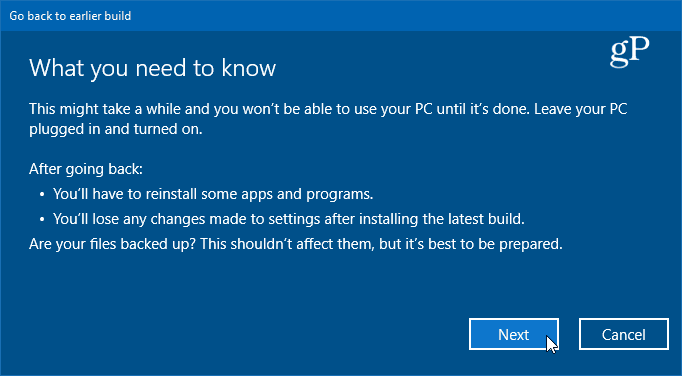 detaljer om tilbakeringing til forrige versjon av Windows 10