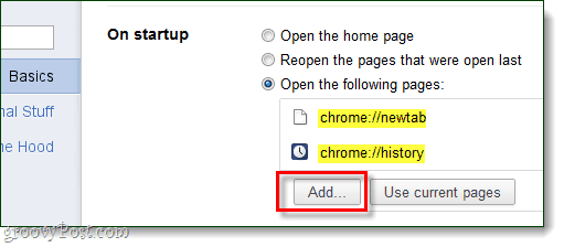 Oppstart av Chrome Legg til sider for å åpne