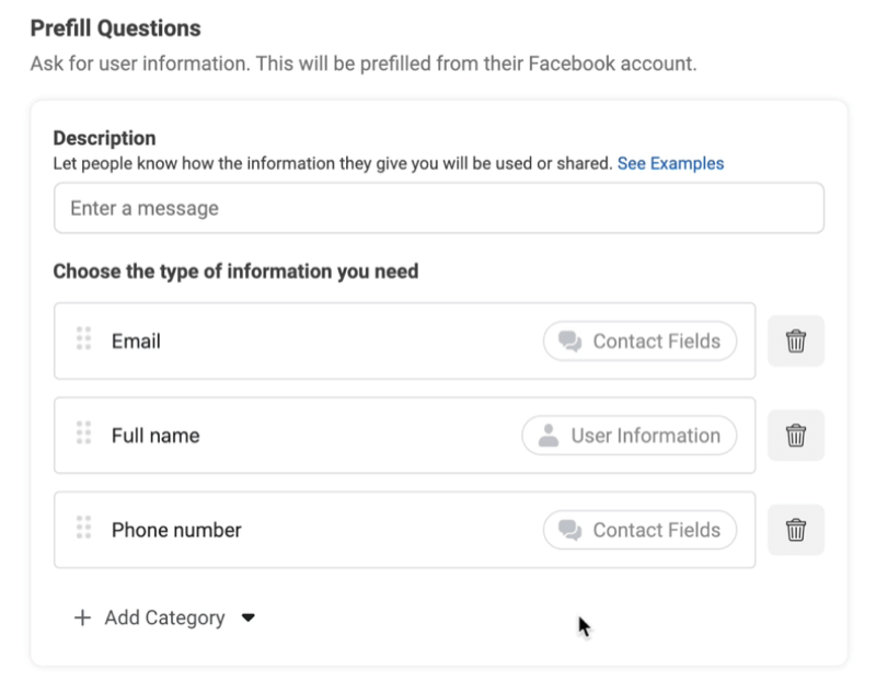 Facebook-leadannonser oppretter nytt alternativ for leadformular for å legge til spørsmål om forhåndsfylling med eksempler på e-post, fullt navn og telefonnummer