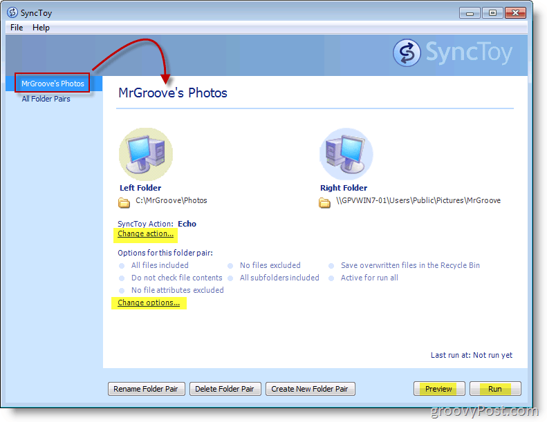 Skjermbilde av hovedmenyen fra Microsoft SyncToy