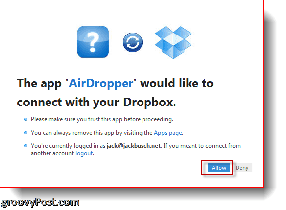 AirDropper Dropbox - koble app til Dropbox