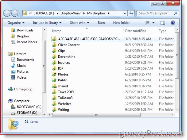 Dropbox-mappe på Windows 7 View
