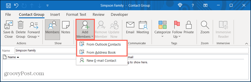 Legg til medlemmer i en ny kontaktgruppe i Outlook