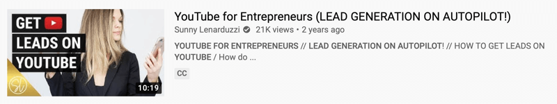 youtube videoeksempel av @sunnylenarduzzi av 'youtube for entrepreneurs (lead generation on autopilot!)' som viser 21 tusen visninger de siste 2 årene